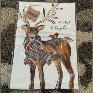 NEW. Mud Pie Festive Deer Tea Towel with Plaid Scarf